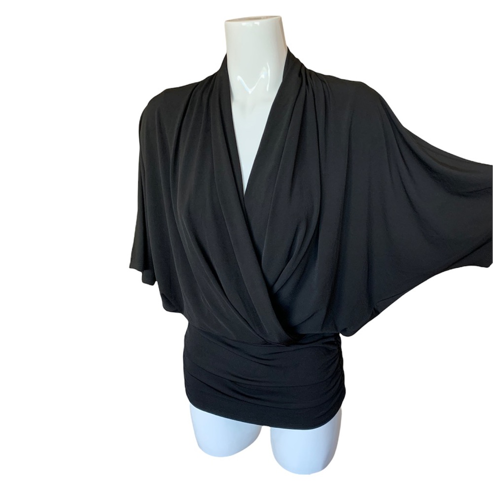 Boston Proper Black Surplice Kimono Sleeve Blouson Blouse Small NWT